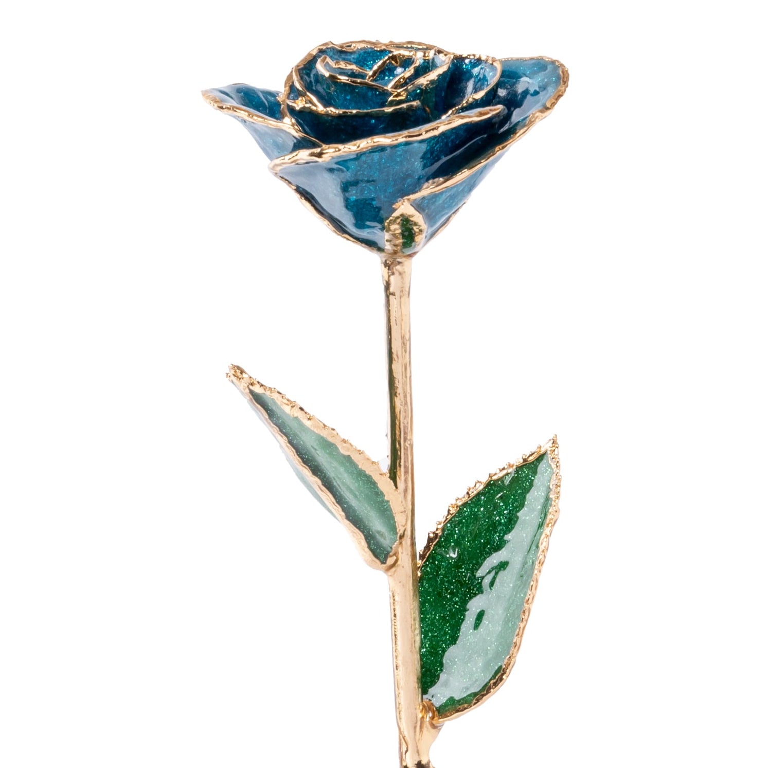 Blue rose with gold stem and leaves on a white background