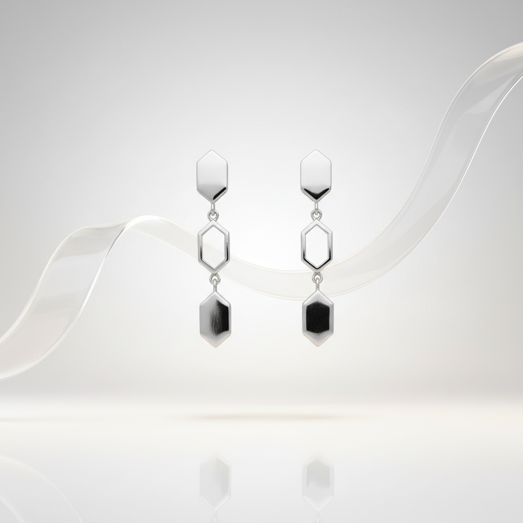 Silver Geometric Long Drop Earrings