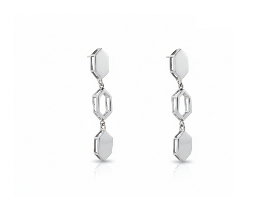 Silver Geometric Long Drop Earrings