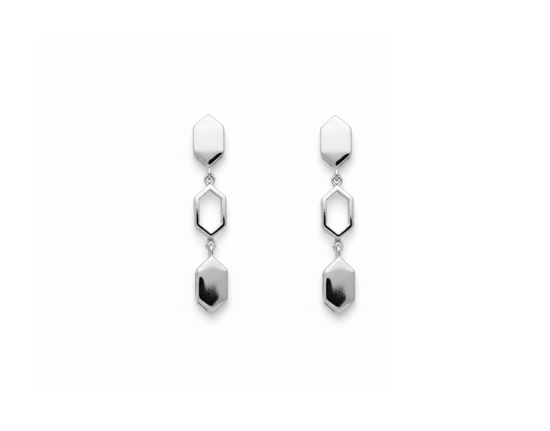 Silver Geometric Long Drop Earrings
