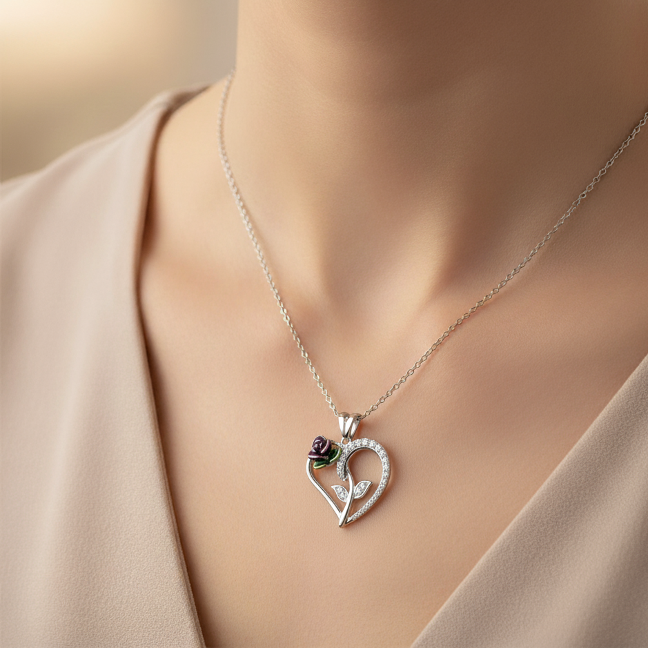 Silver Heart Rose Pendant