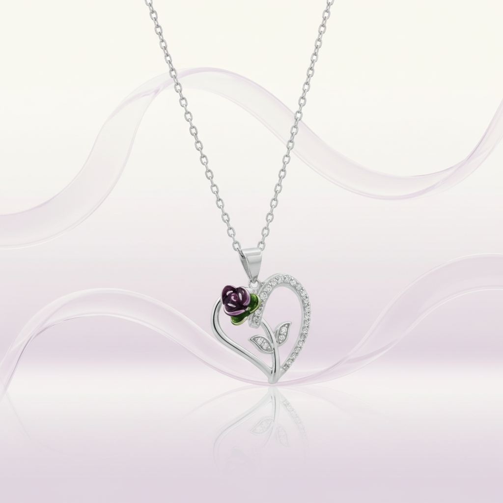 Silver Heart Rose Pendant