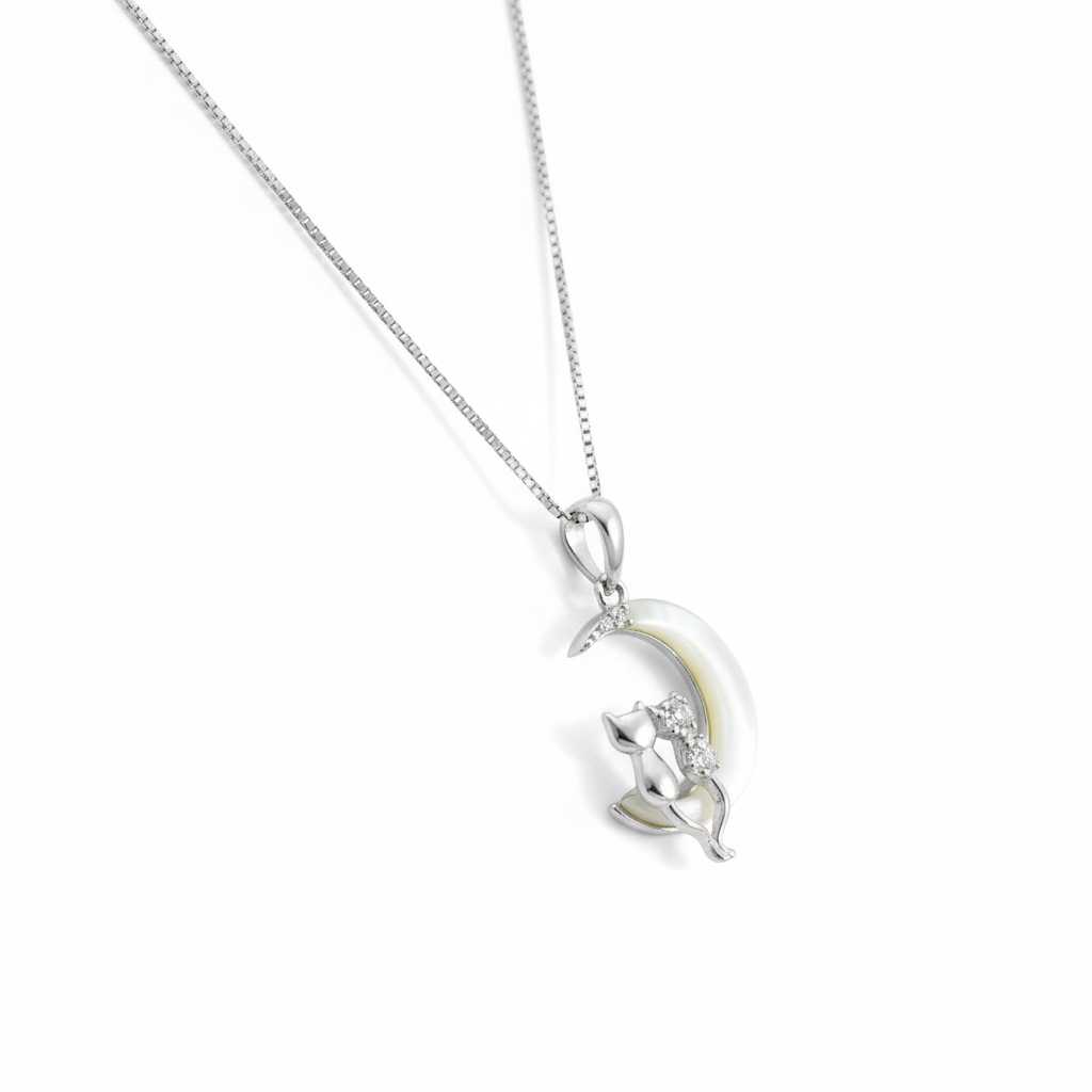 Silver Cats on Crescent Moon Pendant