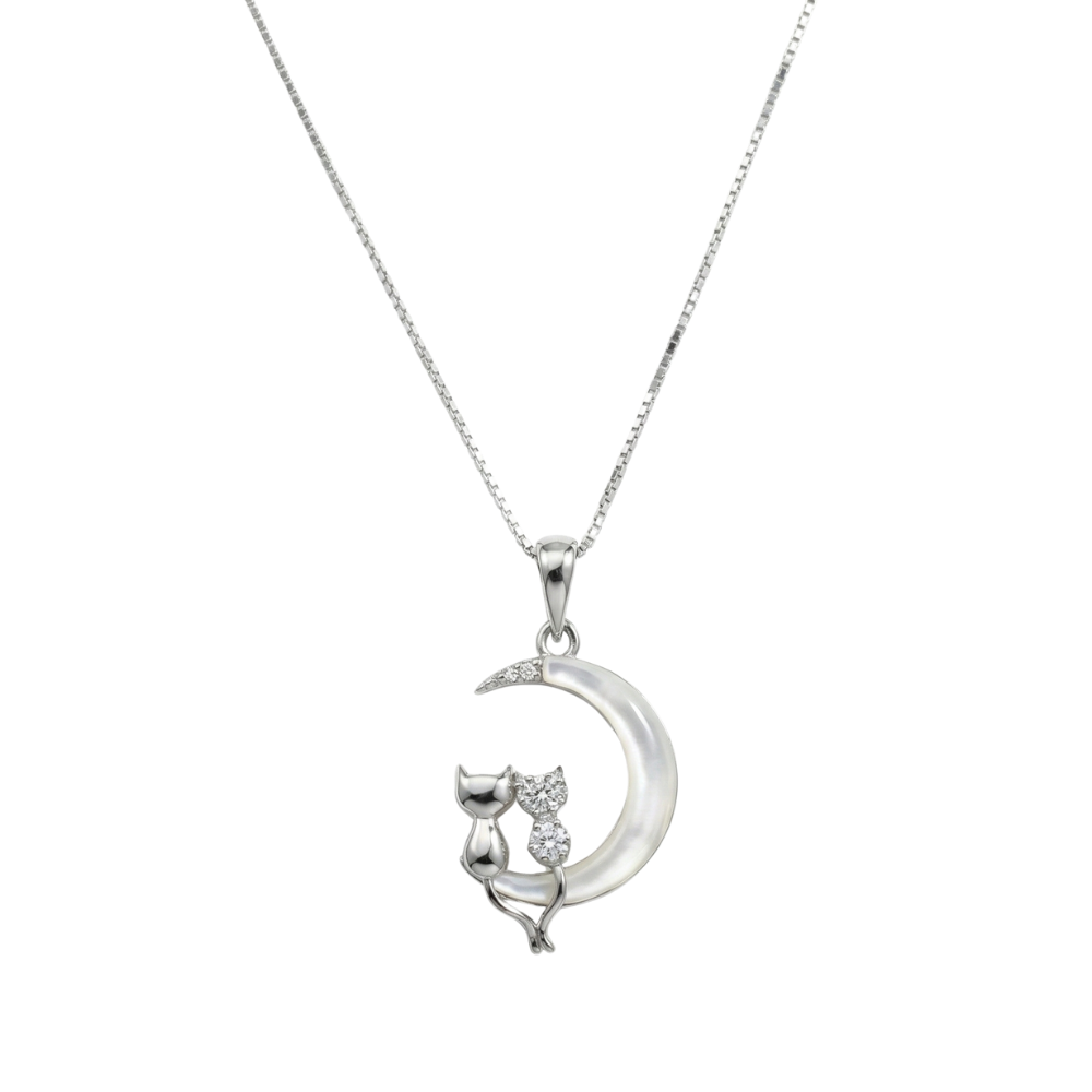 Silver Cats on Crescent Moon Pendant