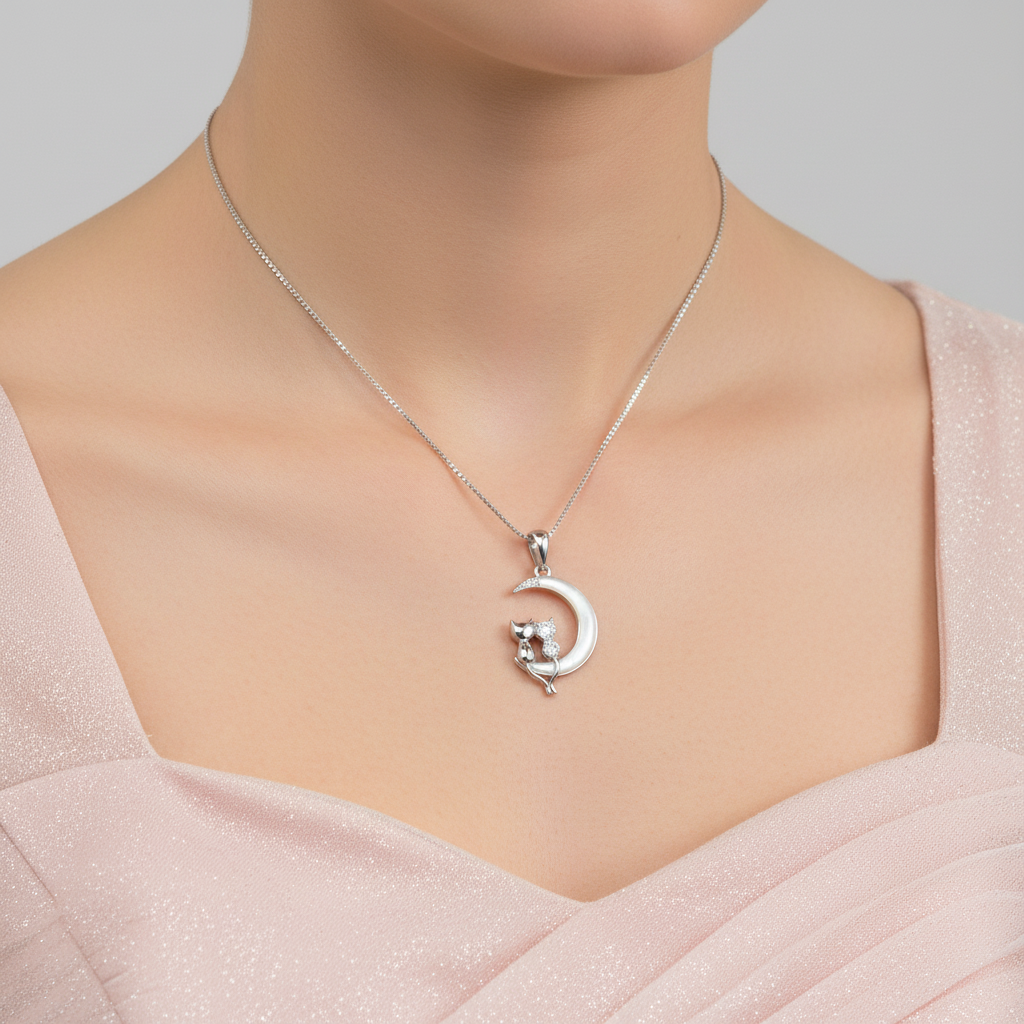 Silver Cats on Crescent Moon Pendant