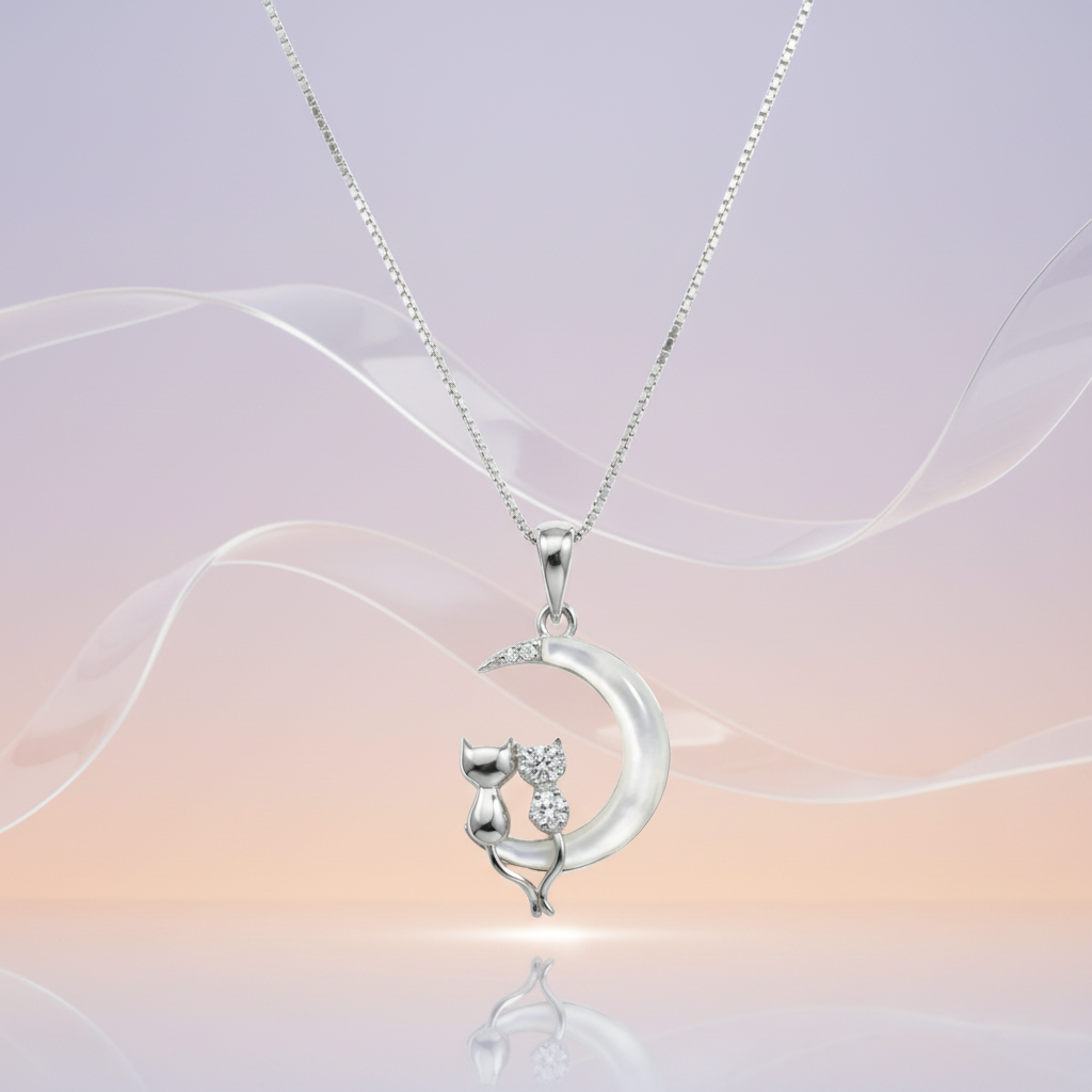 Silver Cats on Crescent Moon Pendant