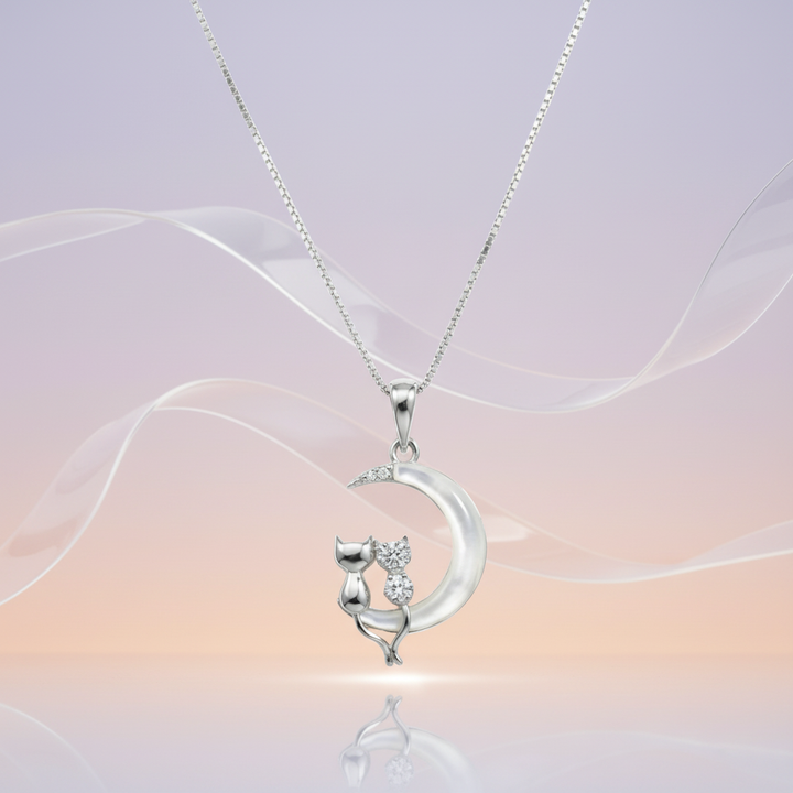 Silver Cats on Crescent Moon Pendant