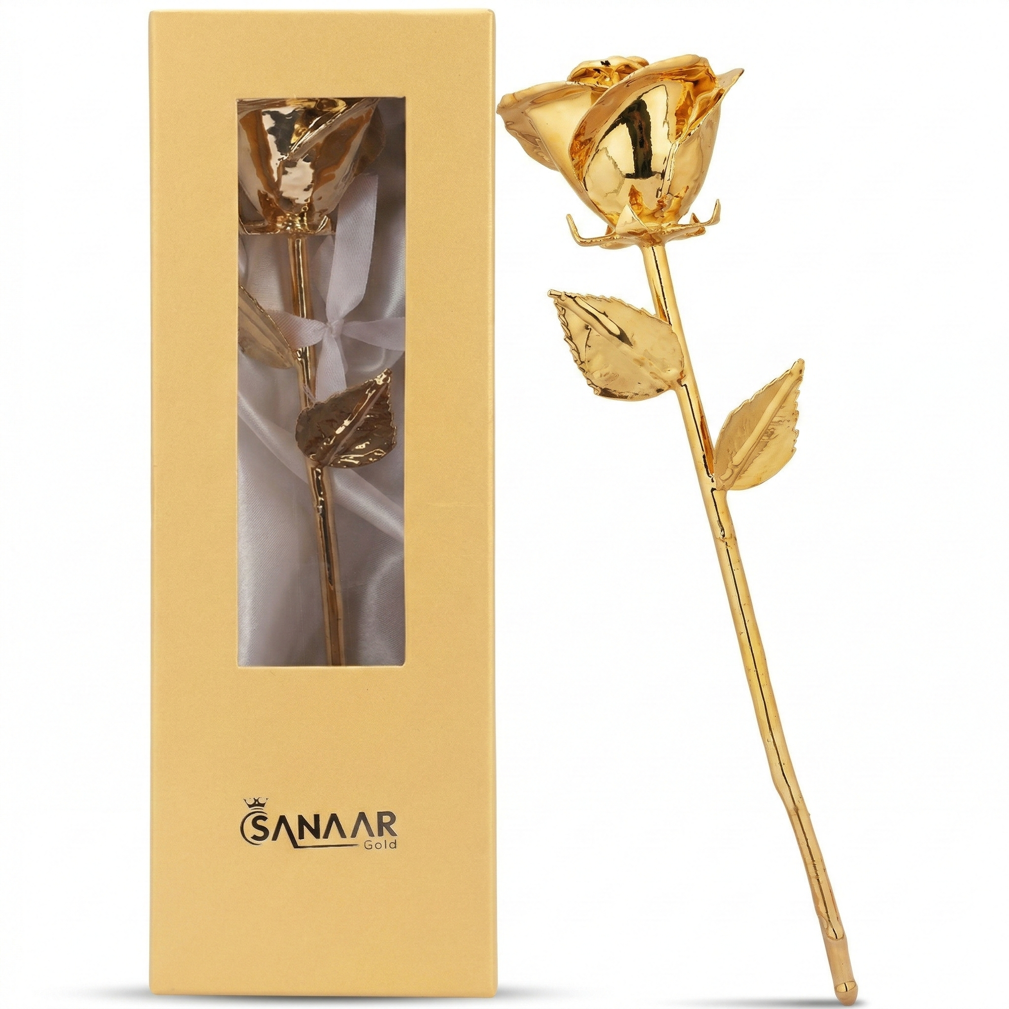 Gold-plated rose with packaging featuring the Sanaar logo on a white background